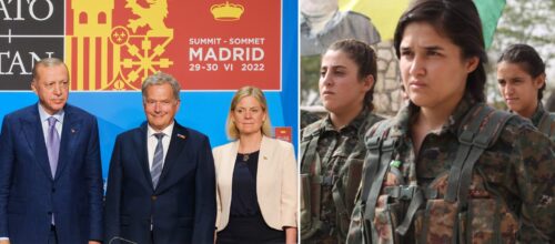Erdogan, Niinistö och Andersson samt YPJ-soldater.