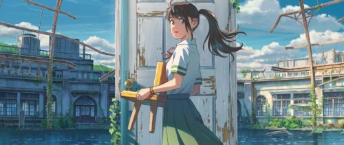 Suzume och Sota som stol framför en dörr