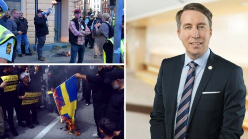 Kollage med Rasmus Paludan som bränner koran, islamister som bränner en svensk flagga och RIchard Jomshof