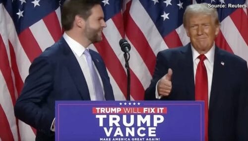 JD Vance och Donald Trump i samband med segertalet